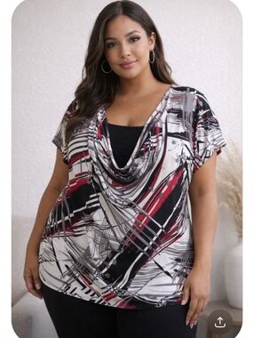 Ashley Stewart Cowl Neck Layered Top Size 22/24 Red Black Gray Abstract Blouse